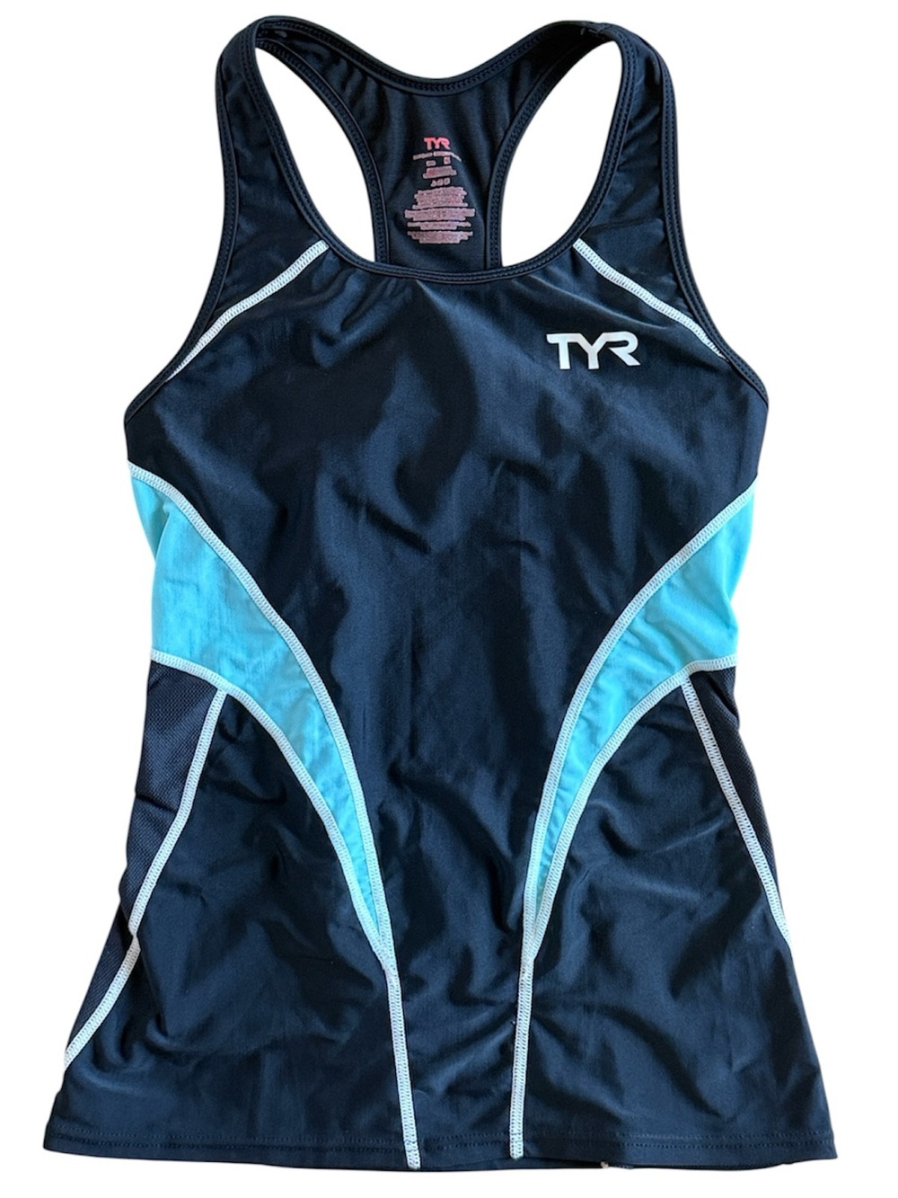 TYR WOMENS COMPETITOR ATHLETIC FITTED TANKINI TRIATHLON TANK BLACK LT BLUE MED